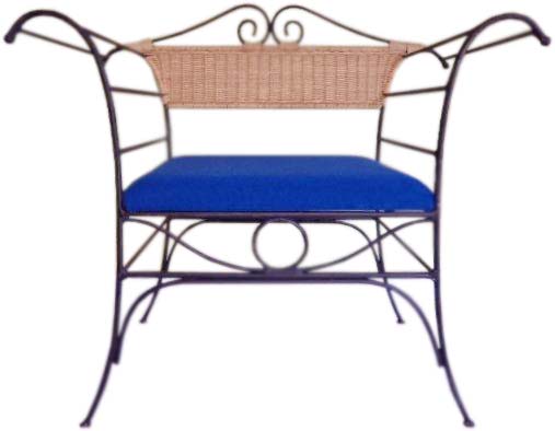 Single seater sofa with a blue seat made of cane and wrought iron.